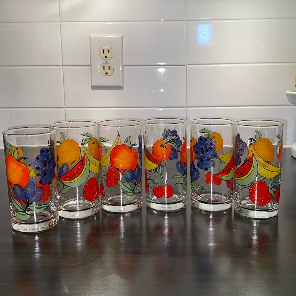 MCM 1960’s set of 7 novelty fruits, Libbey’s drinking, juice 18oz